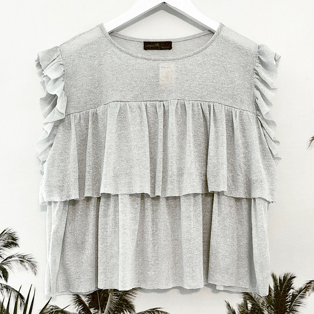 On Twelfth Tiered Shimmer Blouse Silver Metallic Ruffle Short Sleeve Top Size L